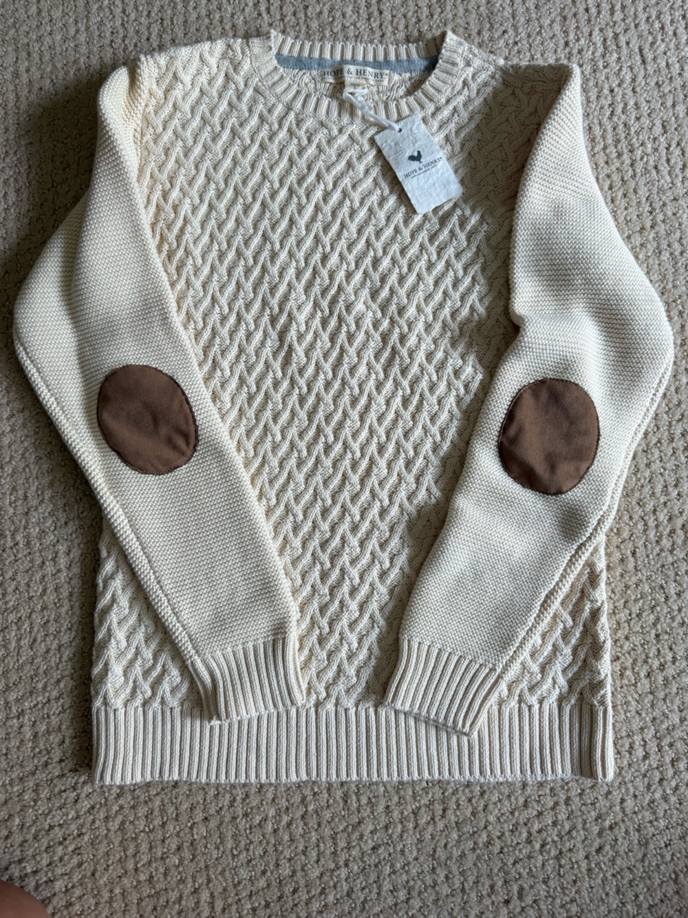 Kids Cream Cable Knit Sweater with Brown Elbow Patches
